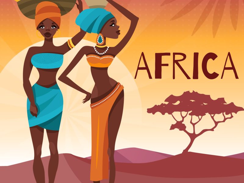 African cultural and ethnic clothing customs traditions flat poster with women headwrap and naturel background vector illustration