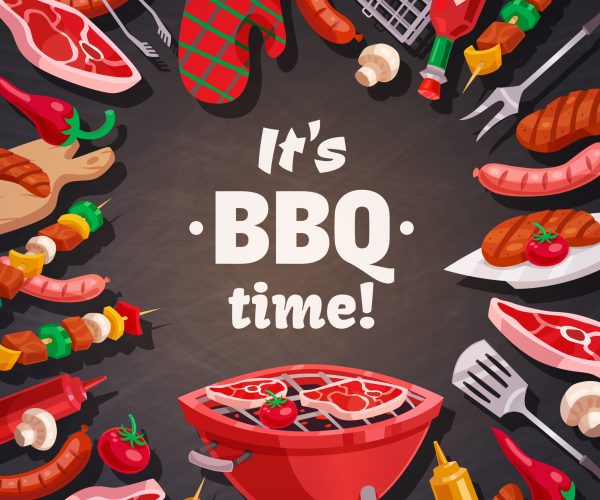 Barbecue grill composition with brazier meat and vegetable skewers pot holder and flatware images with text vector illustration